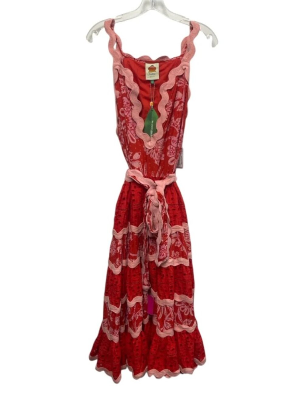FARM RIO Flowerful Birds Maxi Dress XL NWT Red Pink Eyelet Lace V-Neck Plunge - Picture 12 of 13
